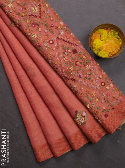 Linen cotton saree peach shade with kantha stitch work and printed border