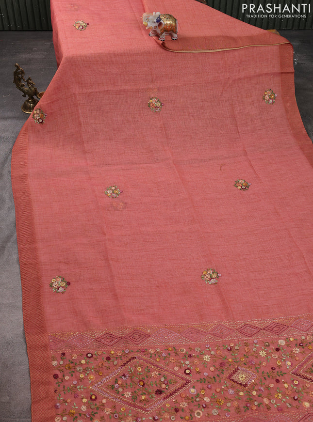 Linen cotton saree peach shade with kantha stitch work and printed border