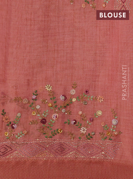 Linen cotton saree peach shade with kantha stitch work and printed border