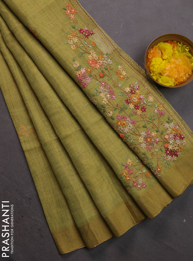 Linen cotton saree light green with kantha stitch work and printed border