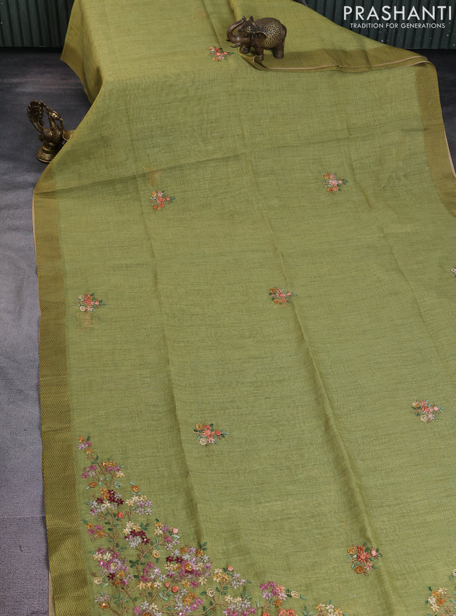 Linen cotton saree light green with kantha stitch work and printed border