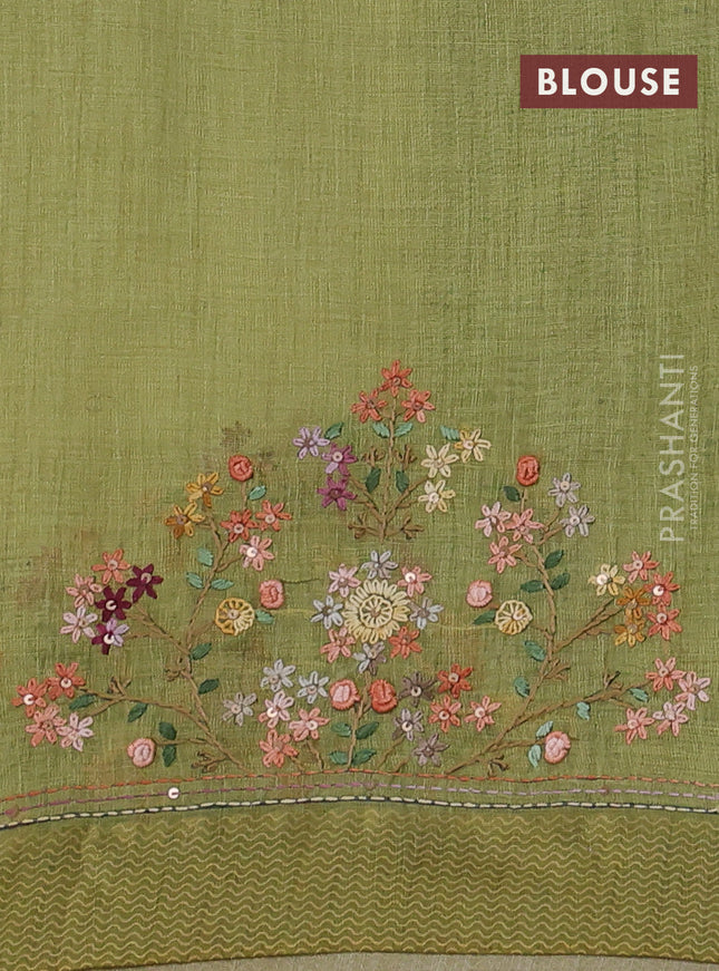 Linen cotton saree light green with kantha stitch work and printed border