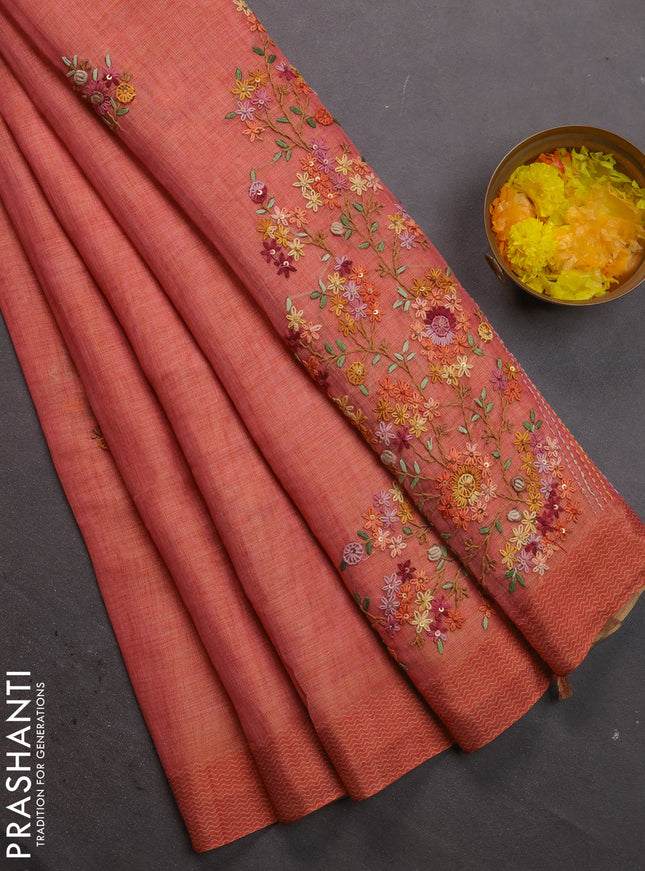 Linen cotton saree peach shade with kantha stitch work and printed border