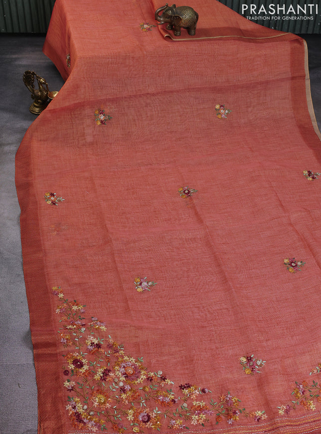 Linen cotton saree peach shade with kantha stitch work and printed border