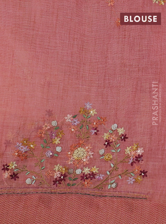 Linen cotton saree peach shade with kantha stitch work and printed border