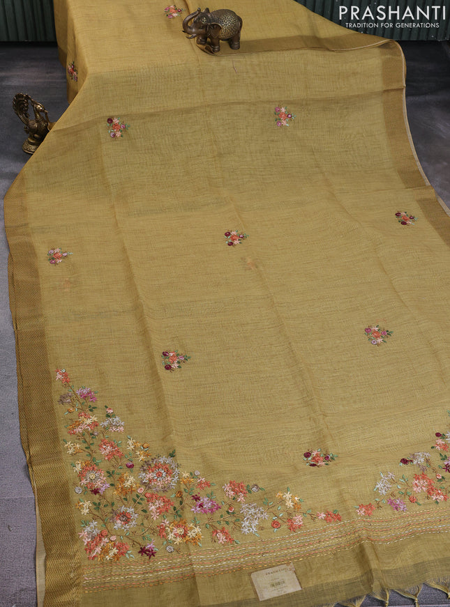 Linen cotton saree mustard green with kantha stitch work and printed border