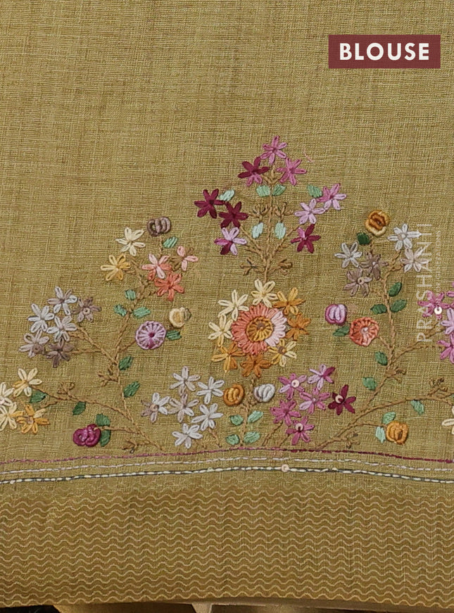 Linen cotton saree mustard green with kantha stitch work and printed border