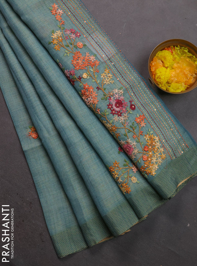Linen cotton saree pastel blue with kantha stitch work and printed border