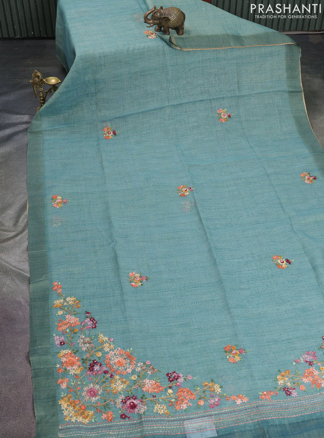 Linen cotton saree pastel blue with kantha stitch work and printed border