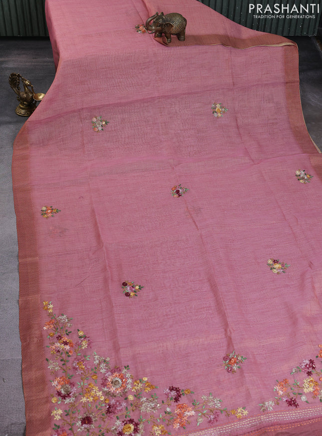 Linen cotton saree peach pink with kantha stitch work and printed border
