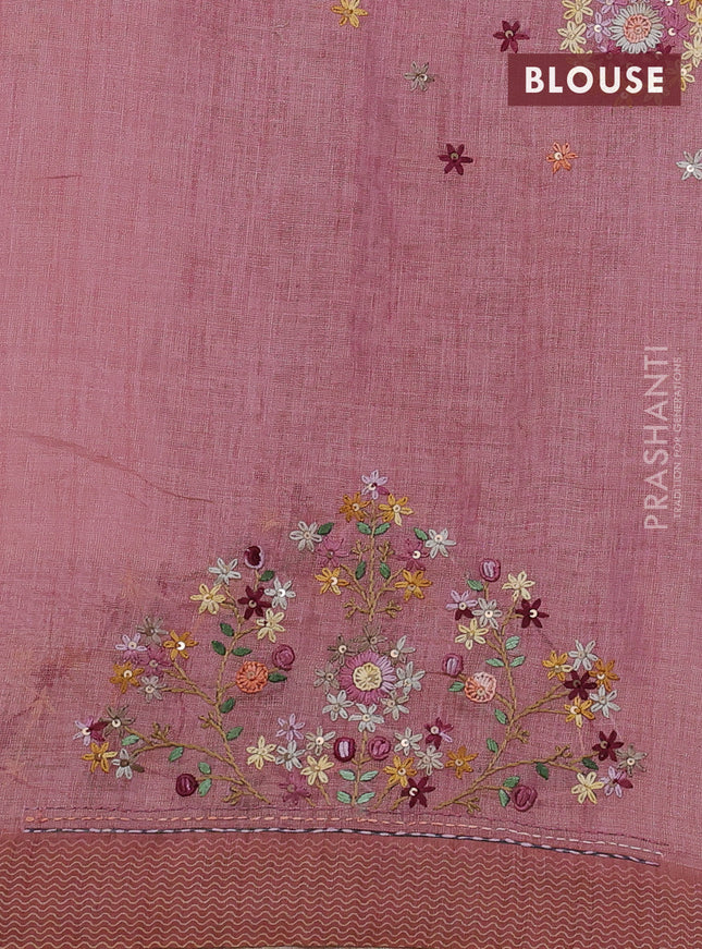 Linen cotton saree peach pink with kantha stitch work and printed border