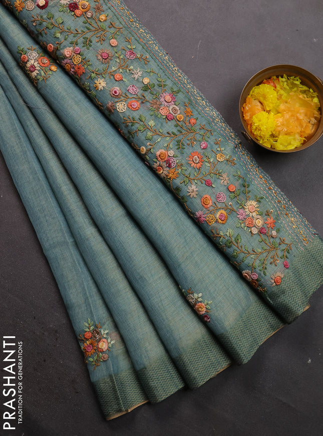 Linen cotton saree pastel blue with floral kantha stitch work and printed border
