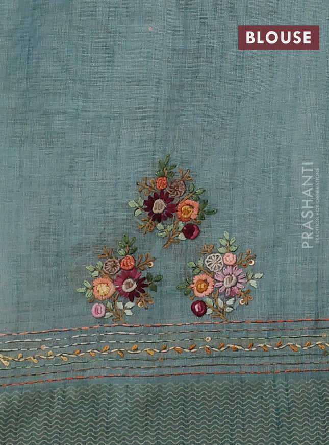 Linen cotton saree pastel blue with floral kantha stitch work and printed border