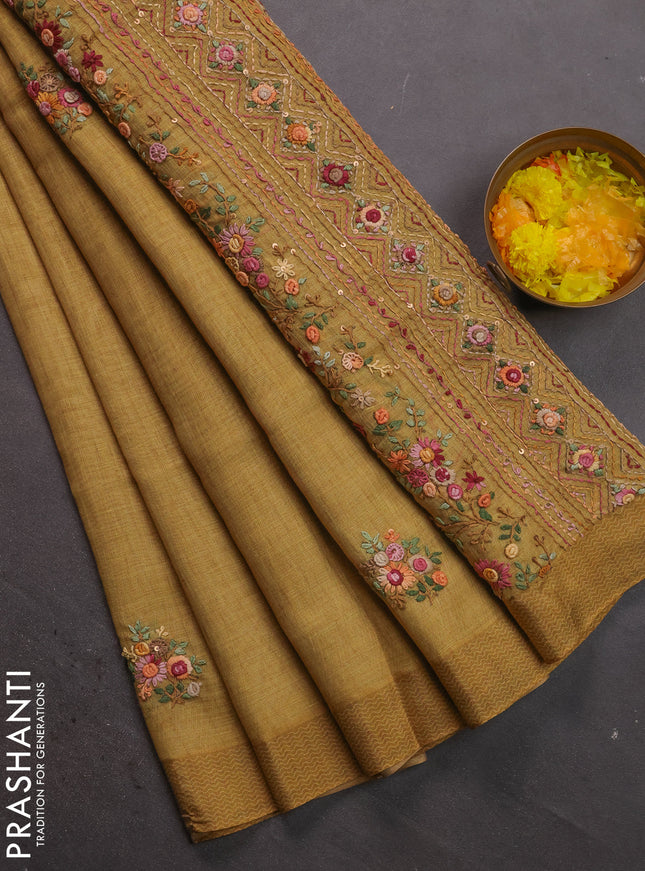 Linen cotton saree mustard green with floral kantha stitch work and printed border
