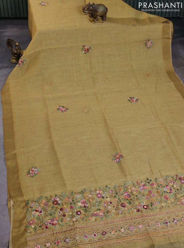 Linen cotton saree mustard green with floral kantha stitch work and printed border