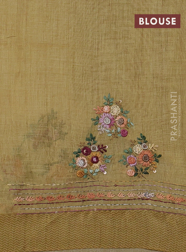 Linen cotton saree mustard green with floral kantha stitch work and printed border