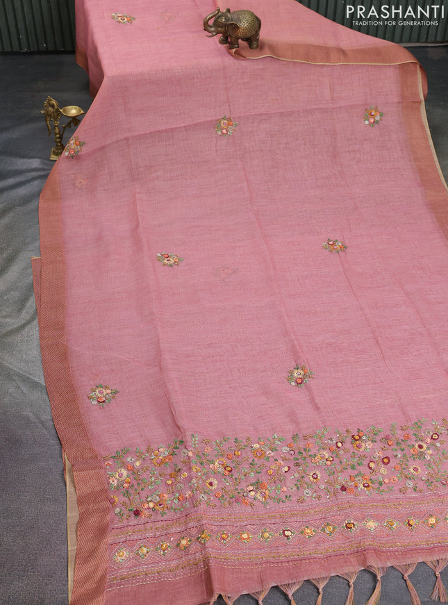 Linen cotton saree peach pink with floral kantha stitch work and printed border