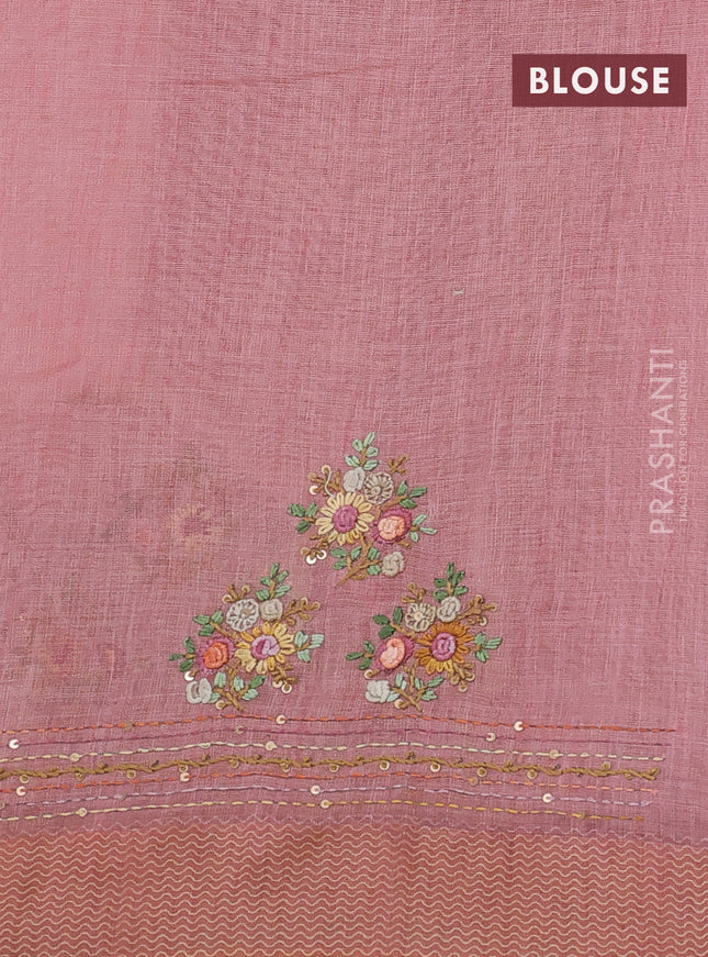 Linen cotton saree peach pink with floral kantha stitch work and printed border