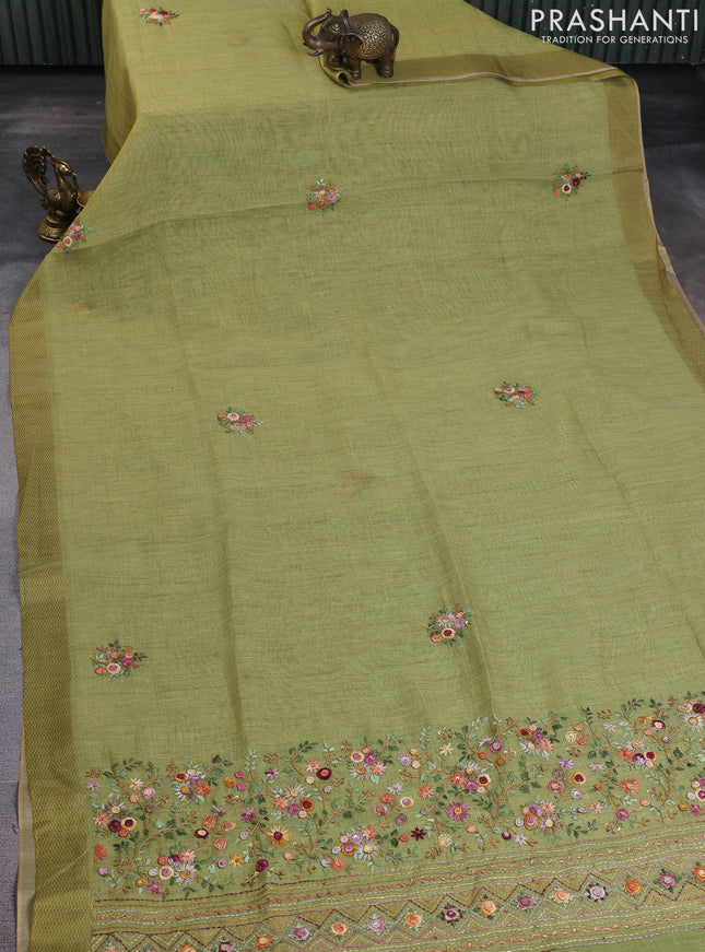 Linen cotton saree light green with floral kantha stitch work and printed border