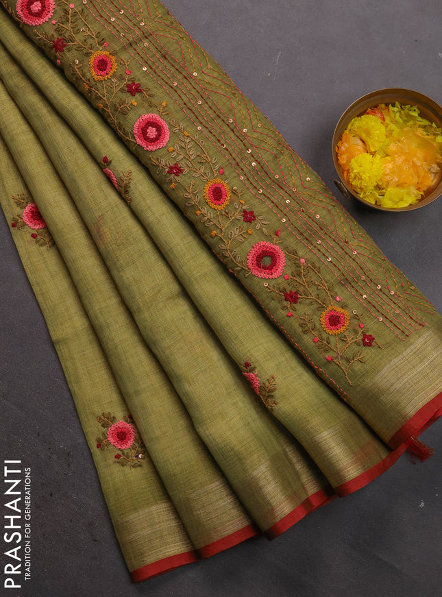 Linen cotton saree light green with floral kantha stitch work and zari woven border