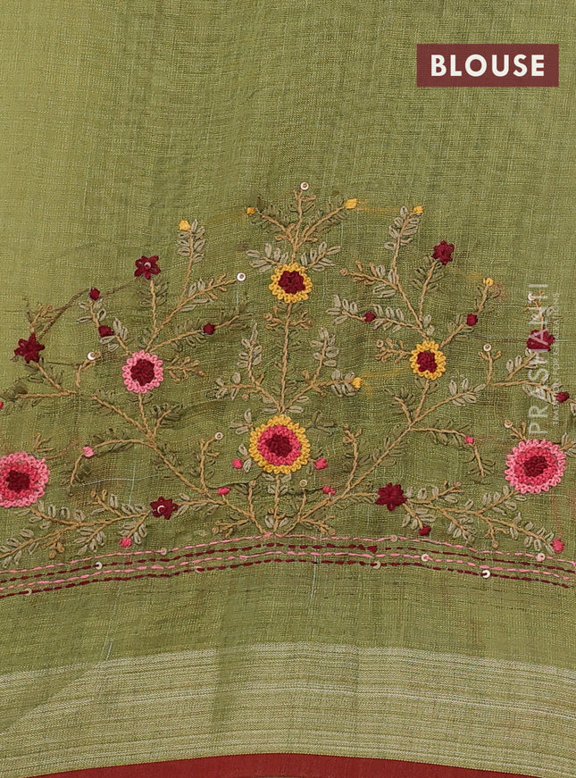 Linen cotton saree light green with floral kantha stitch work and zari woven border