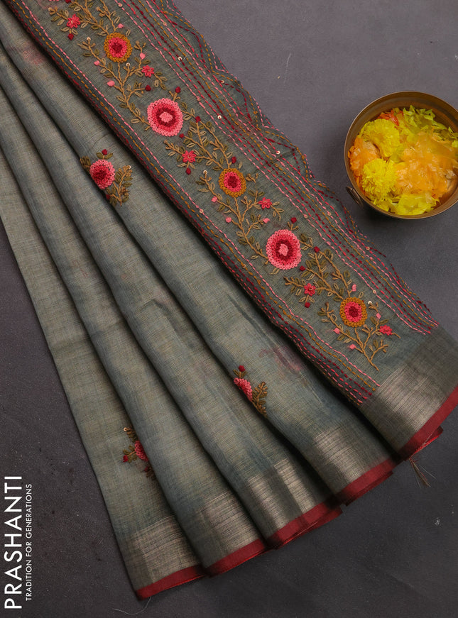 Linen cotton saree grey with floral kantha stitch work and zari woven border