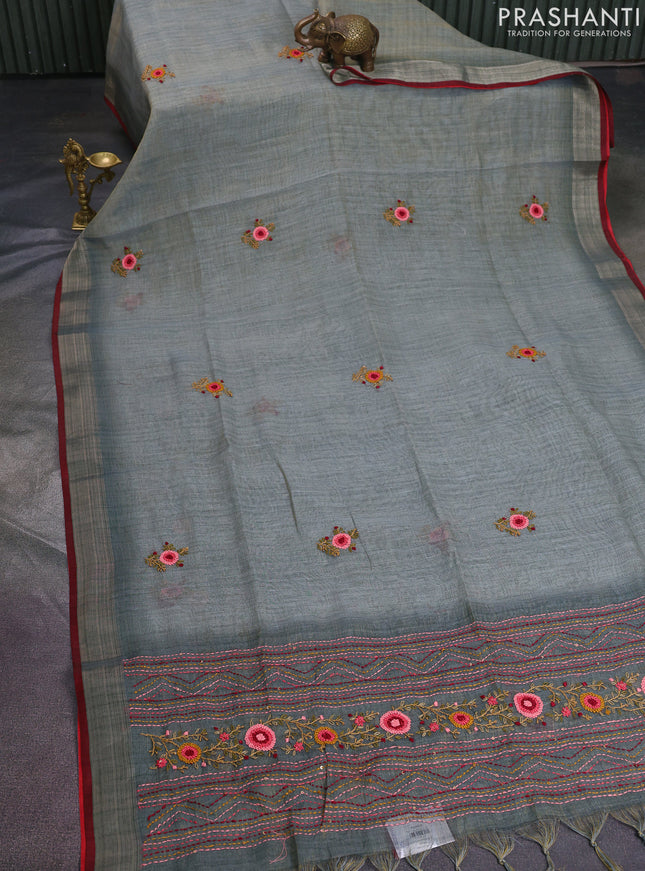 Linen cotton saree grey with floral kantha stitch work and zari woven border