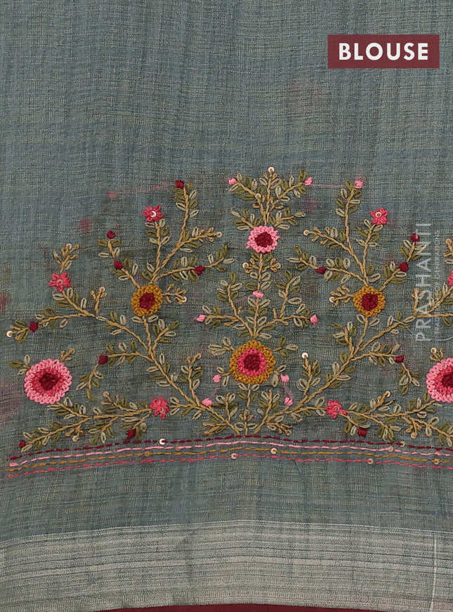 Linen cotton saree grey with floral kantha stitch work and zari woven border