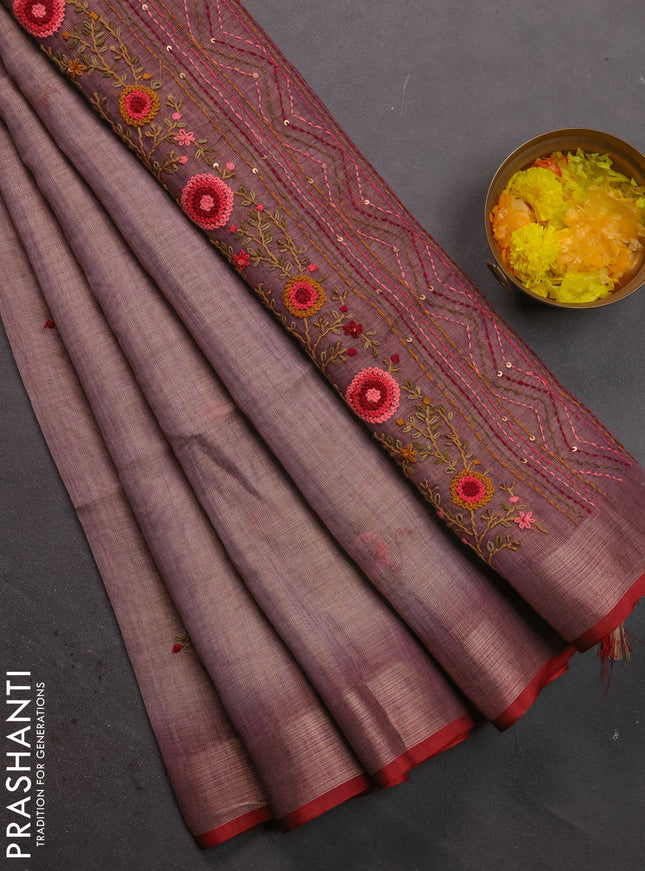 Linen cotton saree pastel purple shade with floral kantha stitch work and zari woven border