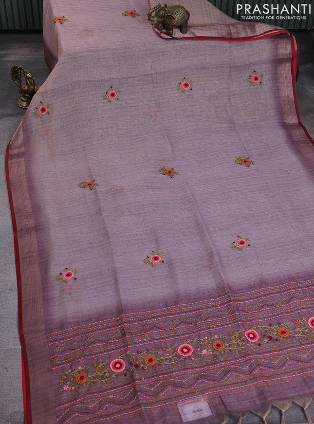 Linen cotton saree pastel purple shade with floral kantha stitch work and zari woven border