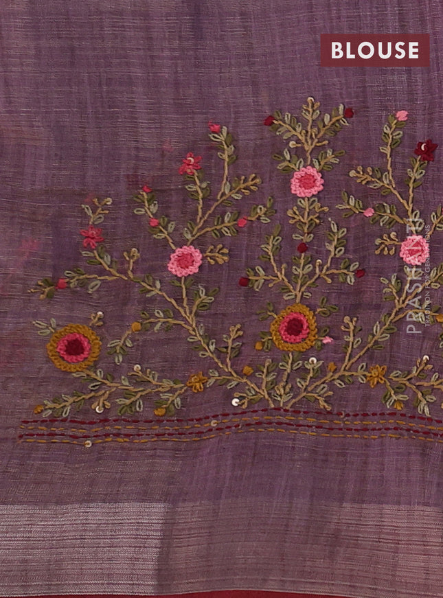 Linen cotton saree pastel purple shade with floral kantha stitch work and zari woven border