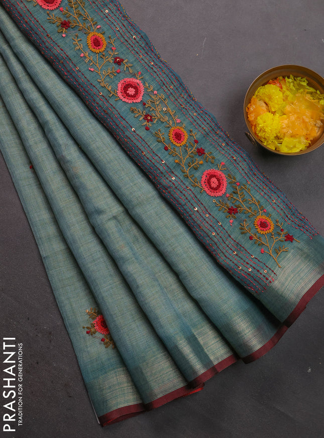 Linen cotton saree pastel blue with floral kantha stitch work and zari woven border
