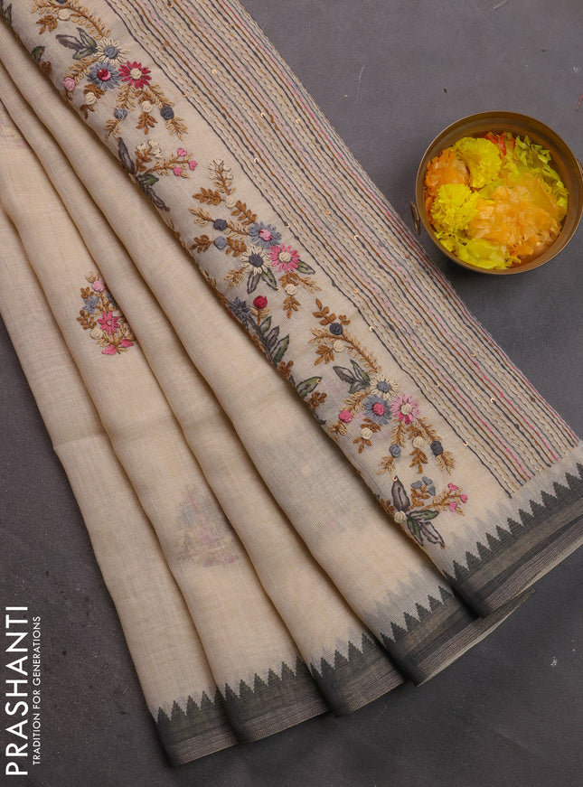 Linen cotton saree cream and black with kantha stitch work and zari woven border