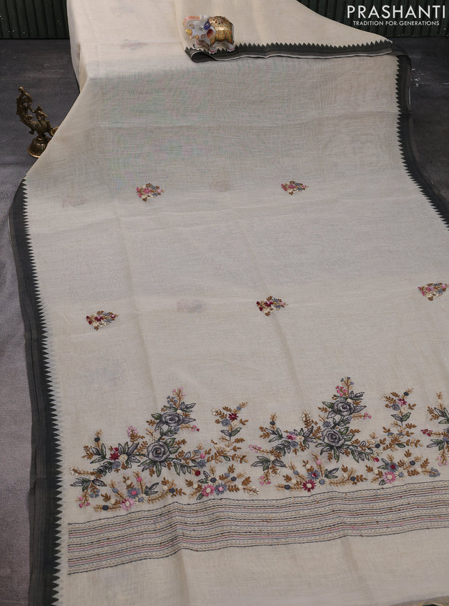 Linen cotton saree cream and black with kantha stitch work and zari woven border