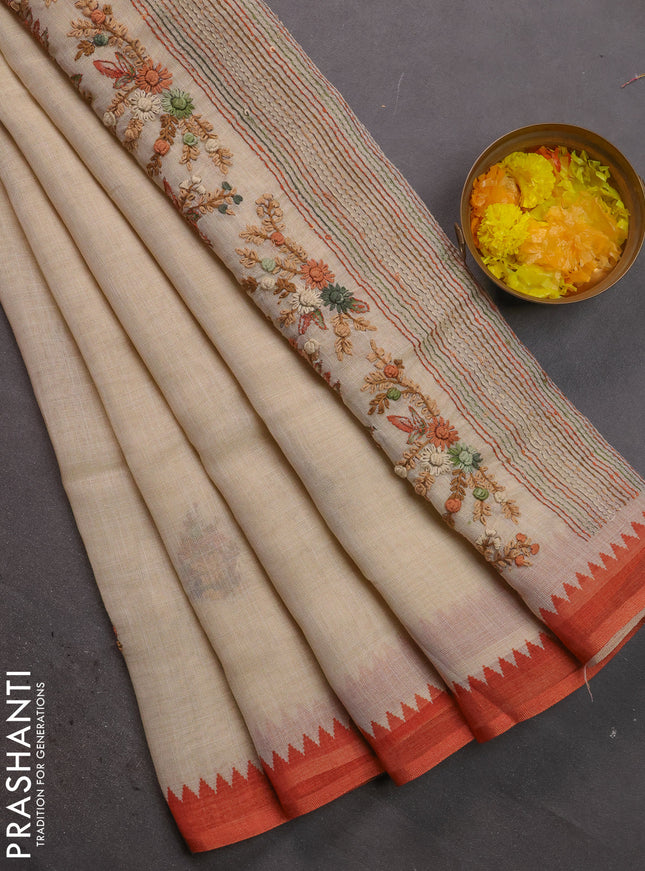 Linen cotton saree cream and rust shade with kantha stitch work and zari woven border