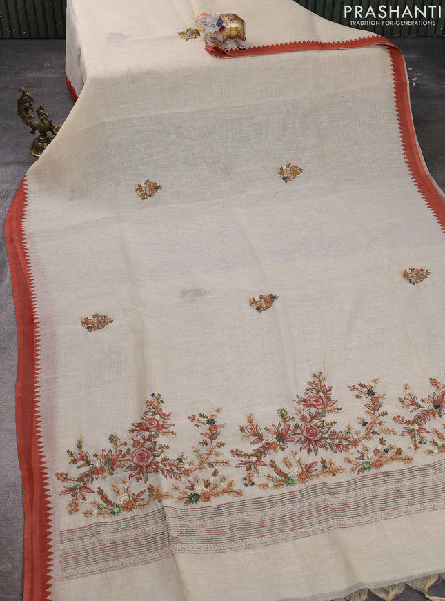 Linen cotton saree cream and rust shade with kantha stitch work and zari woven border