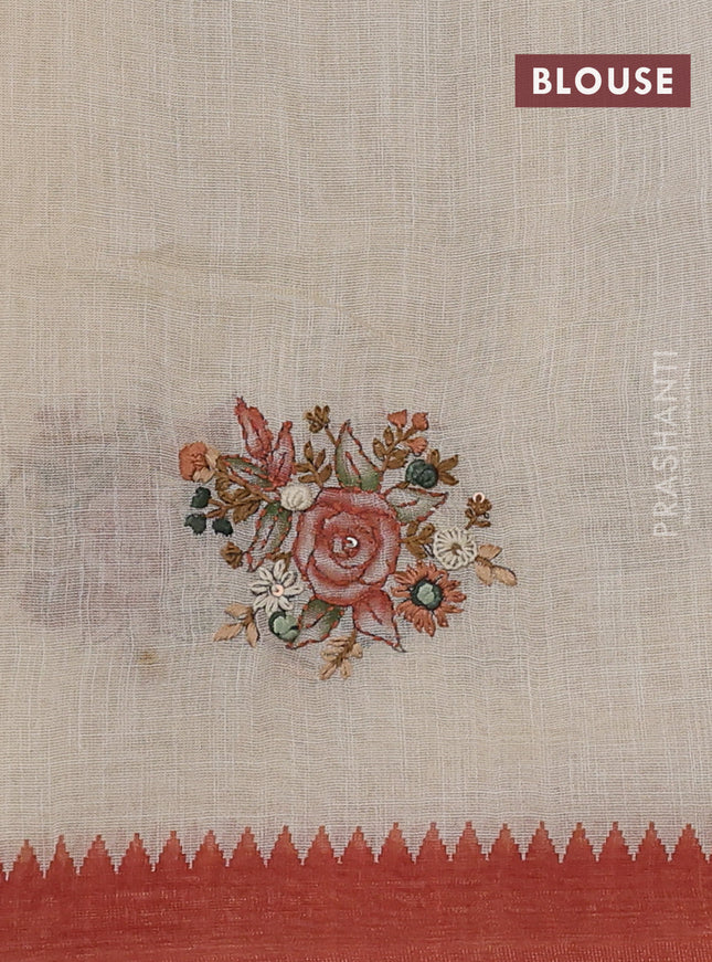 Linen cotton saree cream and rust shade with kantha stitch work and zari woven border