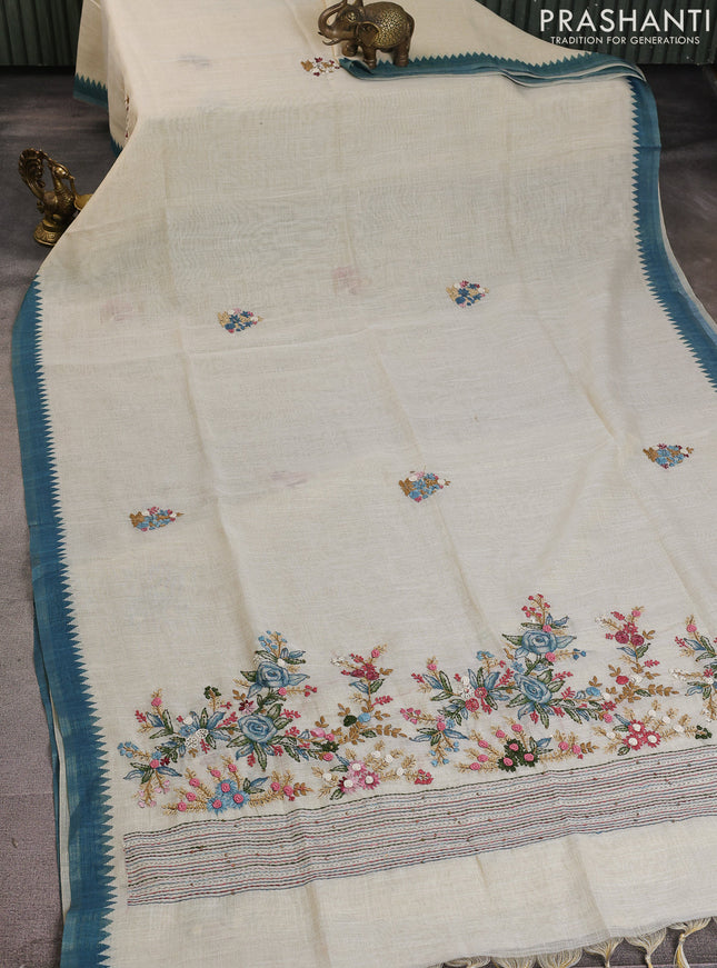 Linen cotton saree cream and peacock blue with kantha stitch work and zari woven border