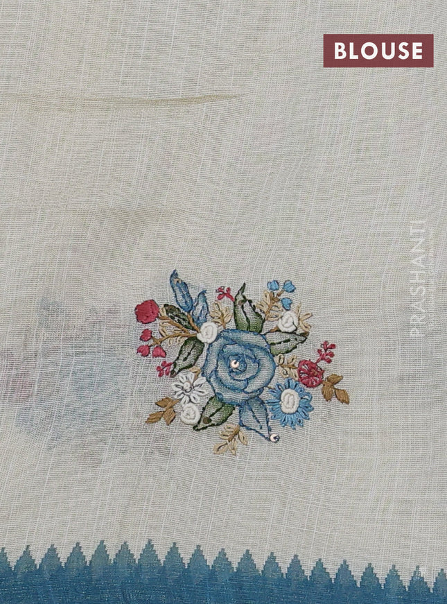 Linen cotton saree cream and peacock blue with kantha stitch work and zari woven border