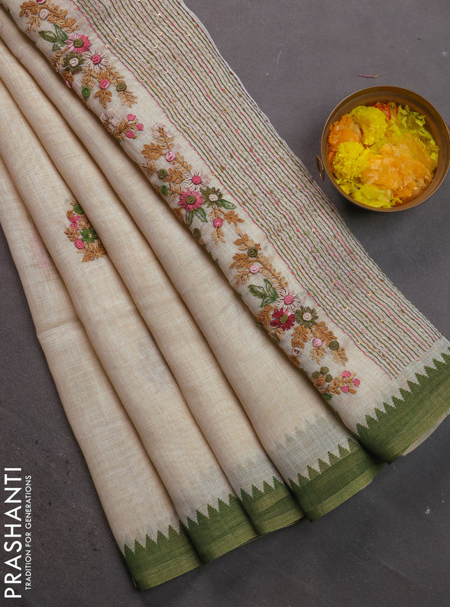 Linen cotton saree cream and green with kantha stitch work and zari woven border