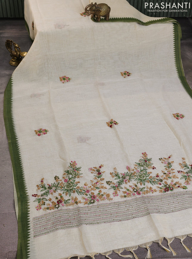 Linen cotton saree cream and green with kantha stitch work and zari woven border