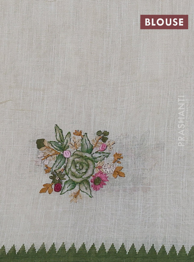 Linen cotton saree cream and green with kantha stitch work and zari woven border
