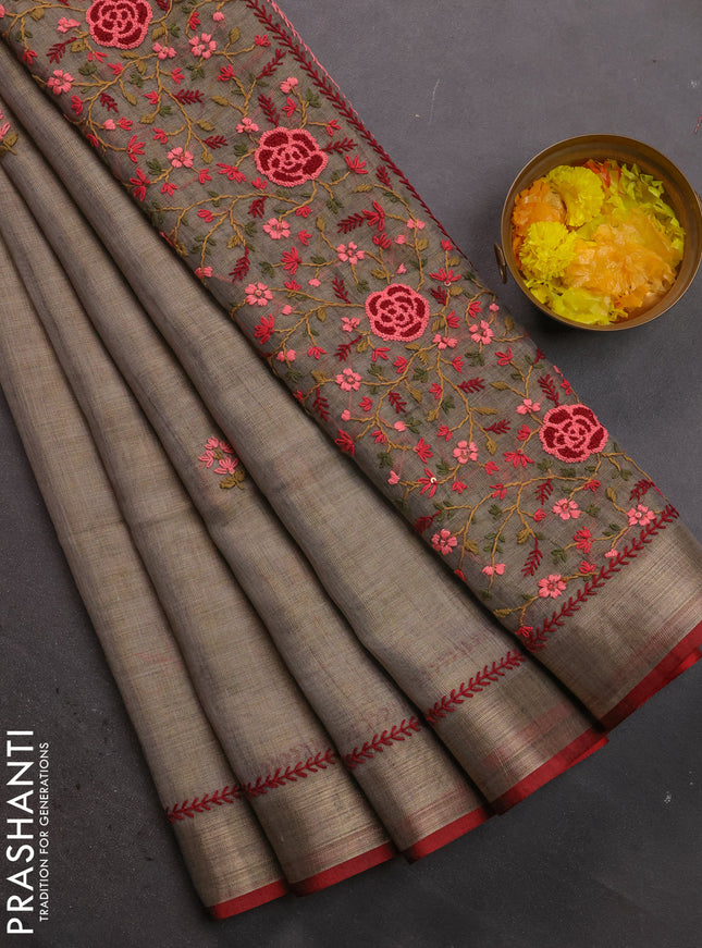 Linen cotton saree grey with kantha stitch work and zari woven border