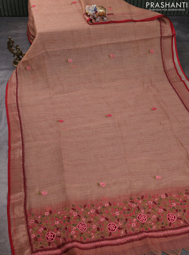 Linen cotton saree pastel peach with kantha stitch work and zari woven border