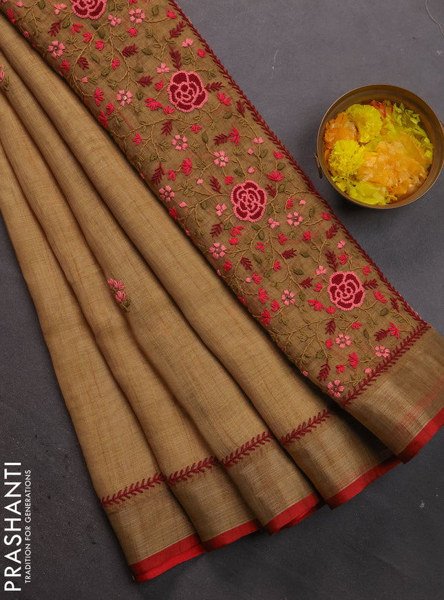 Linen cotton saree dark mustard with kantha stitch work and zari woven border