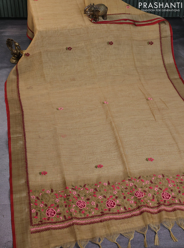 Linen cotton saree dark mustard with kantha stitch work and zari woven border