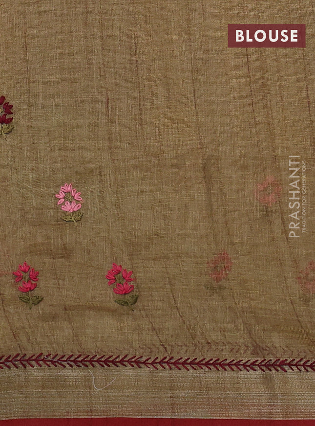 Linen cotton saree dark mustard with kantha stitch work and zari woven border
