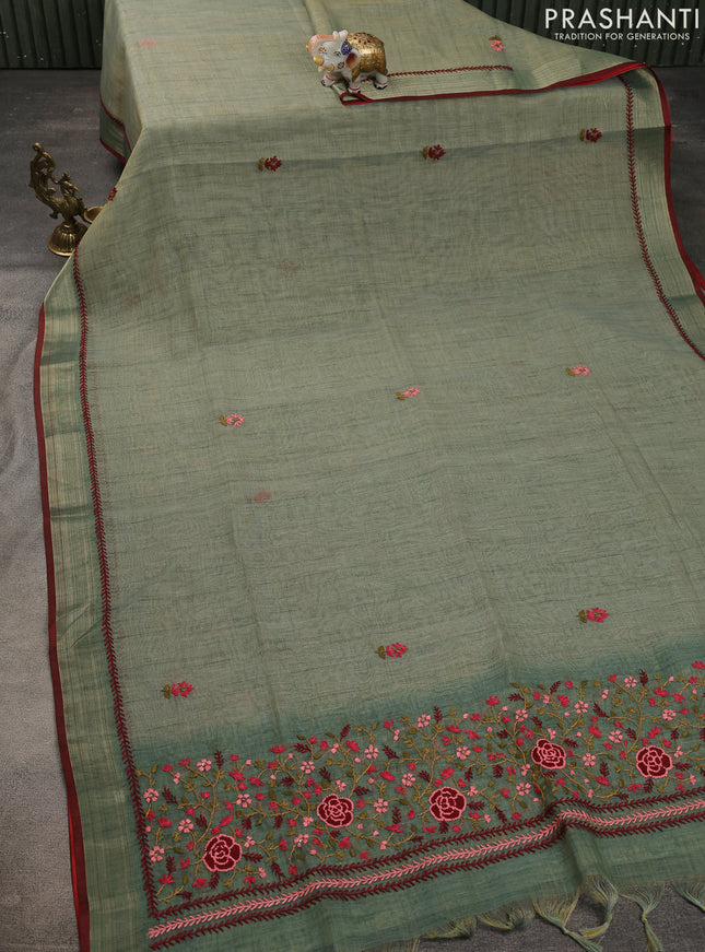 Linen cotton saree pastel green with kantha stitch work and zari woven border