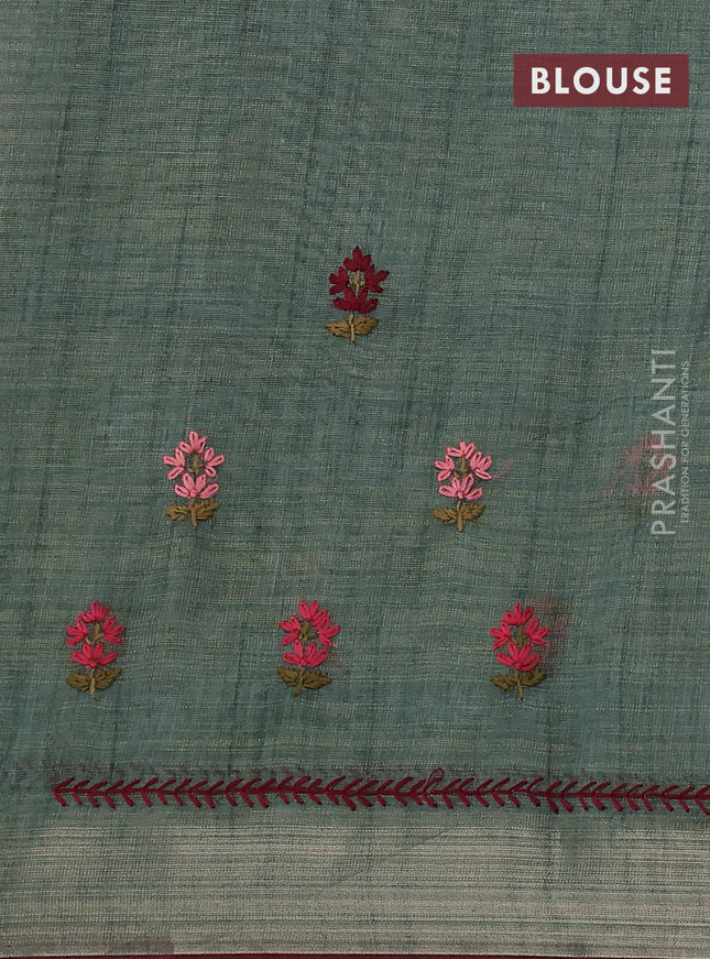Linen cotton saree pastel green with kantha stitch work and zari woven border