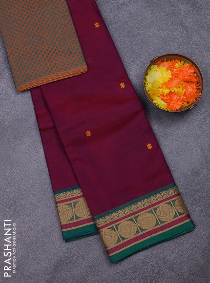 Chettinad cotton saree deep wine and green with thread woven buttas and thread woven border
